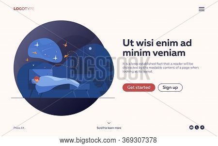 Cartoon Person Sleeping In Her Bedroom At Night. Woman Resting In Bed And Dreaming On Night Starry S