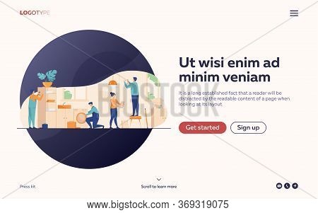 Handyman Working At Customer Home. Repair Man Fixing Washing Machine, Hammering Nails. Vector Illust