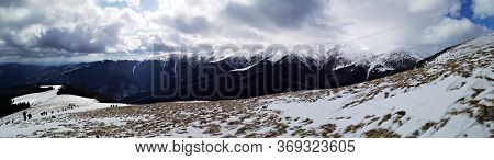 Panoramic Landscape In The Mountains. Winter Landscape.