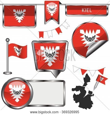 Vector Glossy Icons Of Flag Of Kiel City, Germany On White