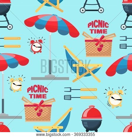 Picnic Time. Summer Beach Picnic, Grill, Barbecue, Parasol. Vector Template With Various Special Too