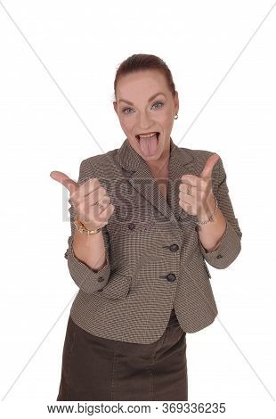 An Happy Businesswoman Standing In A Brown Jacket Gesturing Thump
Up And Approving, Isolated For Whi