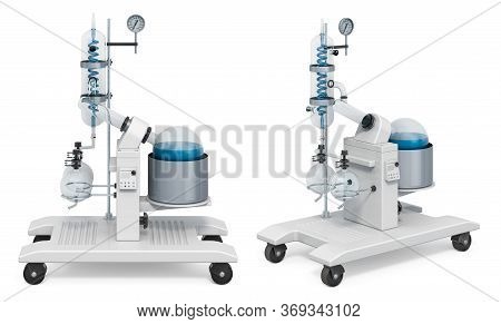Rotary Evaporator, Front And Side View. 3d Rendering Isolated On White Background