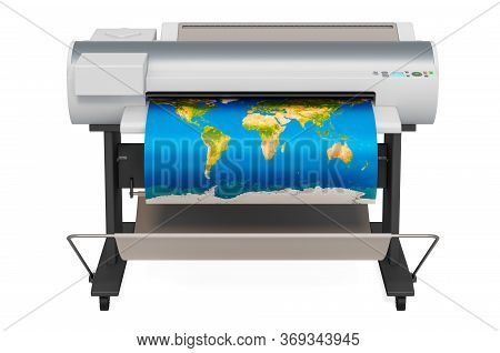 Wide Format Printer, Plotter With Map Of World. 3d Rendering Isolated On White Background