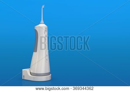 Portable Water Flosser, Dental Oral Irrigator. 3d Rendering On Blue Background