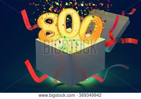 Number 800 Inside Gift Box With Confetti And Shiny Light, 3d Rendering On Dark Blue Background
