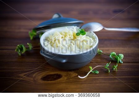 Sweet Boiled Vermicelli With Milk In A Ceramic Bowl