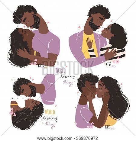 World Kissing Day. Romantic Black African American Couple In Love Kissing.