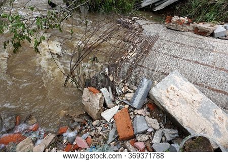 Destroyed Bridge After Flooding In A Village In The Forest