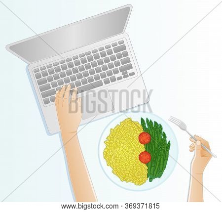 Top View Of The Hands Of A Woman Eating A Healthy Meal Of Pasta With Asparagus And Tomatoes While Wo