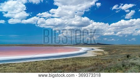 Brine And Salt Of A Pink Lake Koyash Colored By Microalgae Dunaliella Salina, Famous For Its Antioxi