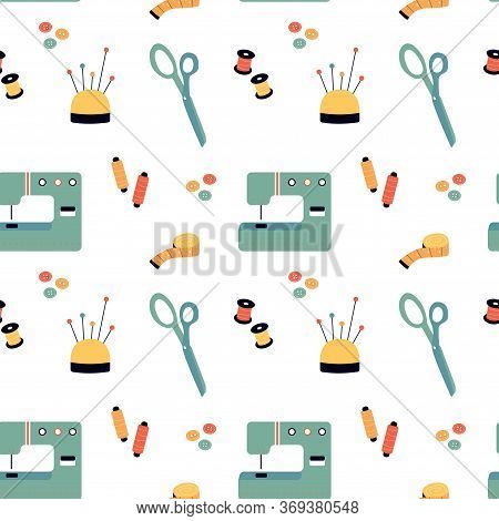Seamless Pattern With Sewing Stuff - Sewing Machine, Scissors, Threads, Needles, Pins, Measuring Tap