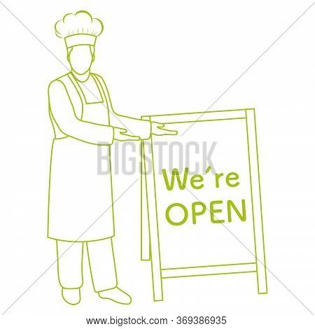 Vector Illustration Reopening Of Cafe, Restaurant After Covid-19 Quarantine, Coronavirus Pandemic. C
