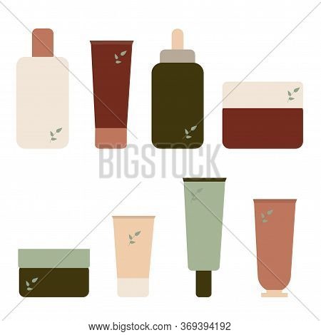 Set Of Cosmetic Products. Tubes With Cream Or Skin Care Whip In Flat Style. Ecological Cosmetic Conc
