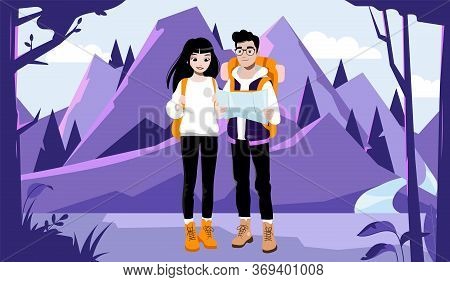 Weekend Adventure, Hiking And Camping Concept. Couple Of Young Tourists With Backpacks And Route Map