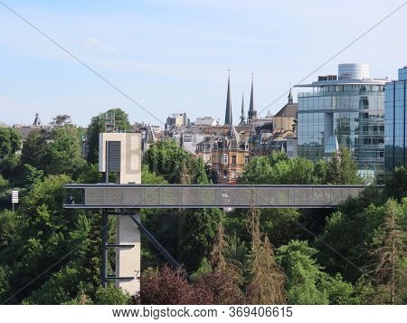 Luxembourg, Luxembourg - July 10, 2019. City View With Pfaffenthal Lift, Modern Buildings With Glass
