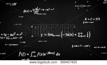 Fly Through Math Formula Equation Science Symbols On Blackboard - Abstract Background Texture