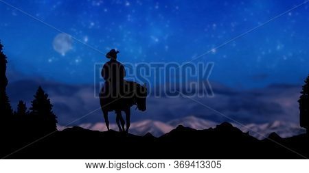 There Is Cowboy With Horses In Mountains Night Sky With Moon.