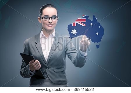 Concept of immigration to Australia with virtual button pressing
