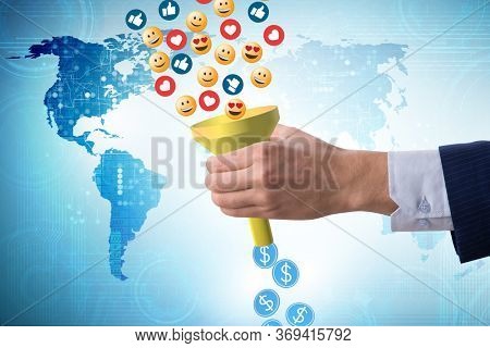 Social network monetization concept with businessman
