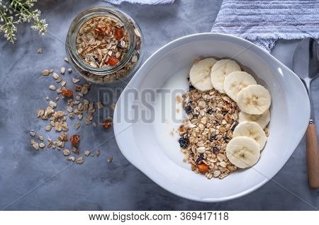 Homemade Granola With Raisins, Dried Apricots And Nuts.
Granola With Raisins, Dried Apricots, Nuts, 