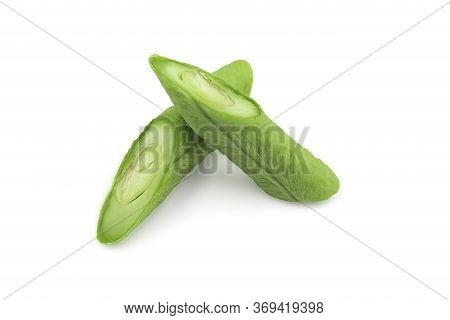 Raw Organic Yard Long Bean Sliced On White Isolated Background In Closeup Macro Concept. Fresh Yard 