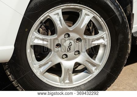 Novosibirsk/ Russia - May 03, 2020: Nissan Terrano, Close-up Car Wheel With Aluminum Alloy Wheel And