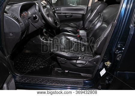 Novosibirsk/ Russia - March 31, 2020: Nissan Terrano,dark Car Interior - Steering Wheel, Shift Lever