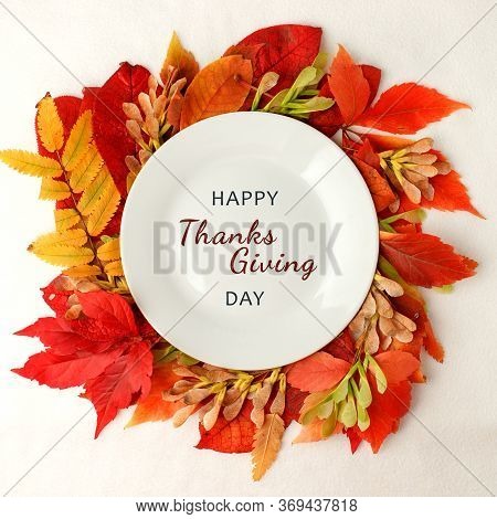 Happy Thanksgiving Day Autumn Composition Background. Bright Leaves. Flatlay Background, Thanksgivin