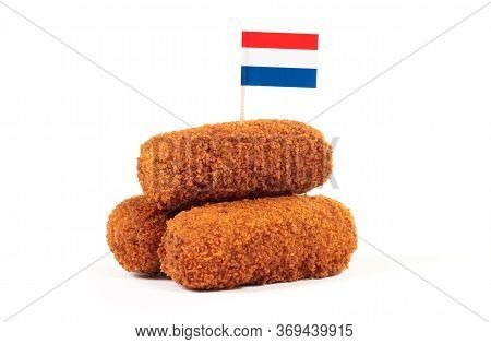 Brown Crusty Dutch Kroketten With Dutch Flag, Isolated On A White Background