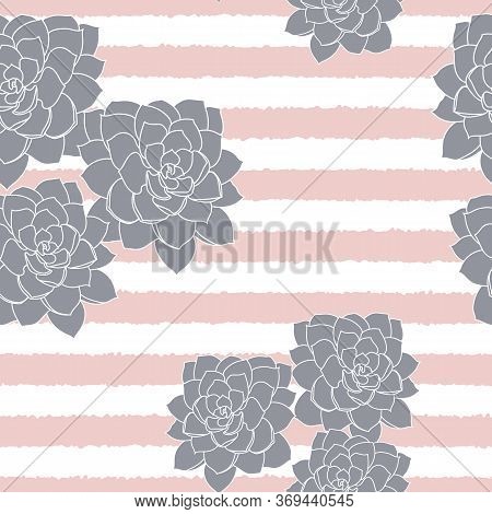 Vector Grey Succulent Flower Striped Background Seamless Pattern Print