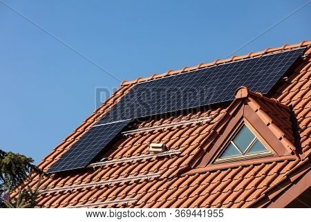 Solar Electric Panels On A House Roof In  Ochojno. Poland