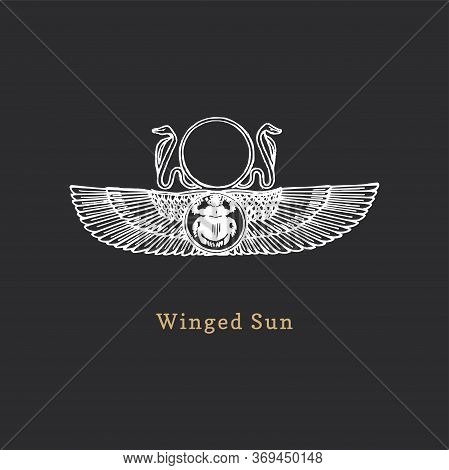 Winged Sun, Vector Illustration In Engraving Style. Vintage Pastiche Of Esoteric And Occult Sign. Dr