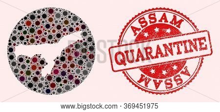 Vector Map Of Assam State Collage Of Covid-2019 Virus And Red Grunge Quarantine Stamp. Infection Cel