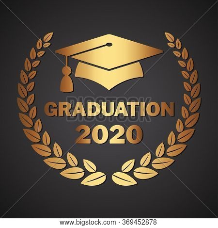 Graduate Cap Gold Logo With Laurel Wreath, Branch. University Mortarboard. Badge For Banner, Poster 