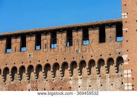 Castello Sforzesco. Closeup Of The Fortified Wall Of The Sforza Castle (xv Century), Milan, Lombardy