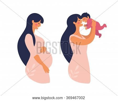 Set Of Illustrations About Pregnancy And Motherhood. Pregnant Woman With Tummy. Lady With A Newborn 