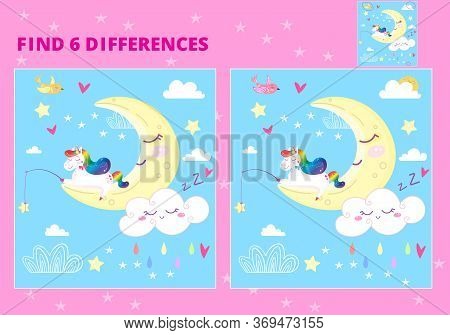 Cute Rainbow Unicorn Catching Stars. Find 6 Differences. Educational Game For Children. Cartoon Vect