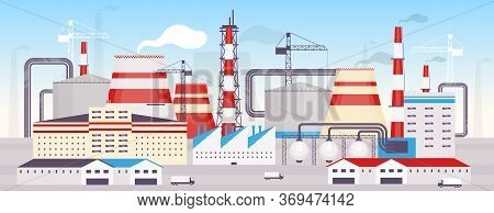 Industrial Powerplant Flat Color Vector Illustration. Energy Station 2d Cartoon Landscape With Const