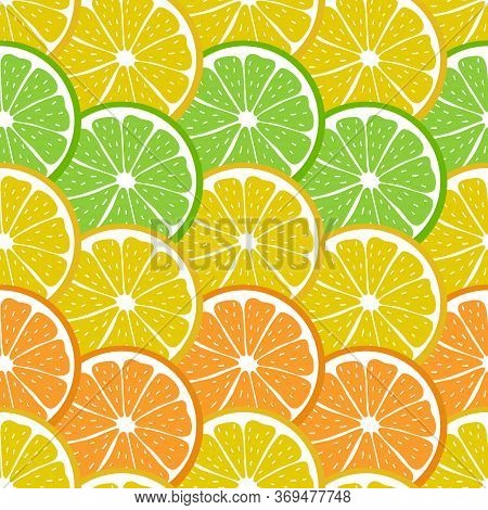 Seamless Pattern With Sliced Pieces Of Citrus Fruit. The Colored Backdrop Of Tropical Fruits. Stock 