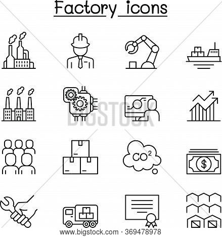 Factory, Industrial Building, Manufacturing Icon Set In Thin Line Style