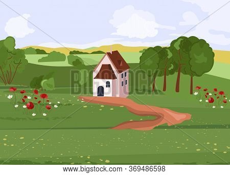 House In The Middle Of Green Fields With Path Towards. Flowers And Trees Growing On Side