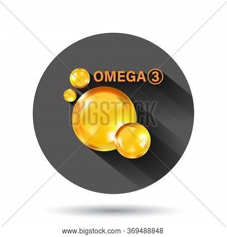 Omega 3 Icon In Flat Style. Pill Capcule Vector Illustration On Black Round Background With Long Sha