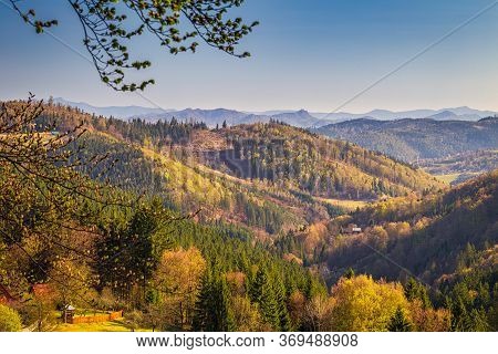 Mountainous Landscape With Forests At Spring Time. Kysuce Region In The North Of Slovakia, Europe.
