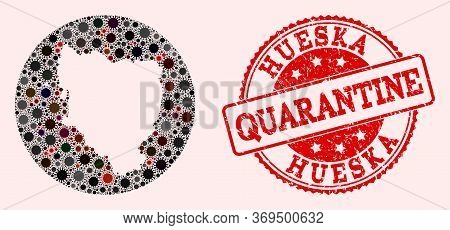 Vector Map Of Hueska Province Collage Of Sars Virus And Red Grunge Quarantine Seal Stamp. Infection 