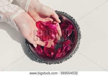Dark Pink Peony Petals In Female Hands And In Bowl With Clear Water On White Background. Organic Cos