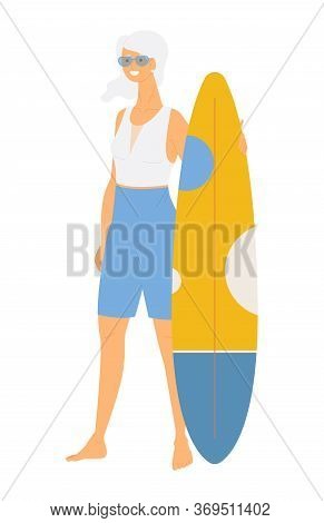 Senior Lady With Funboard Surfboard Isolated On White. Vector Flat Smiling Character.