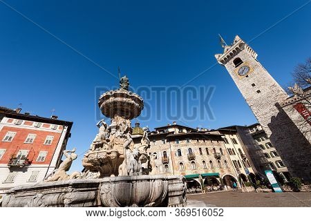 Trento, Trentino Alto Adige, Italy - March 8th, 2020: Piazza Del Duomo, Cathedral Square In Trento C