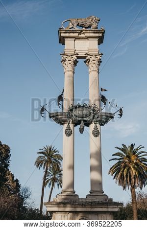 Seville, Spain - January 17, 2020: Low Angle View Of Christopher Columbus Monument In Jardines De Mu