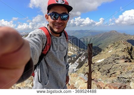 Ordino, Andorra : 2020 May 29 : Young Man In The Beautiful View Hiking In The Andorra Pyrenees Mount